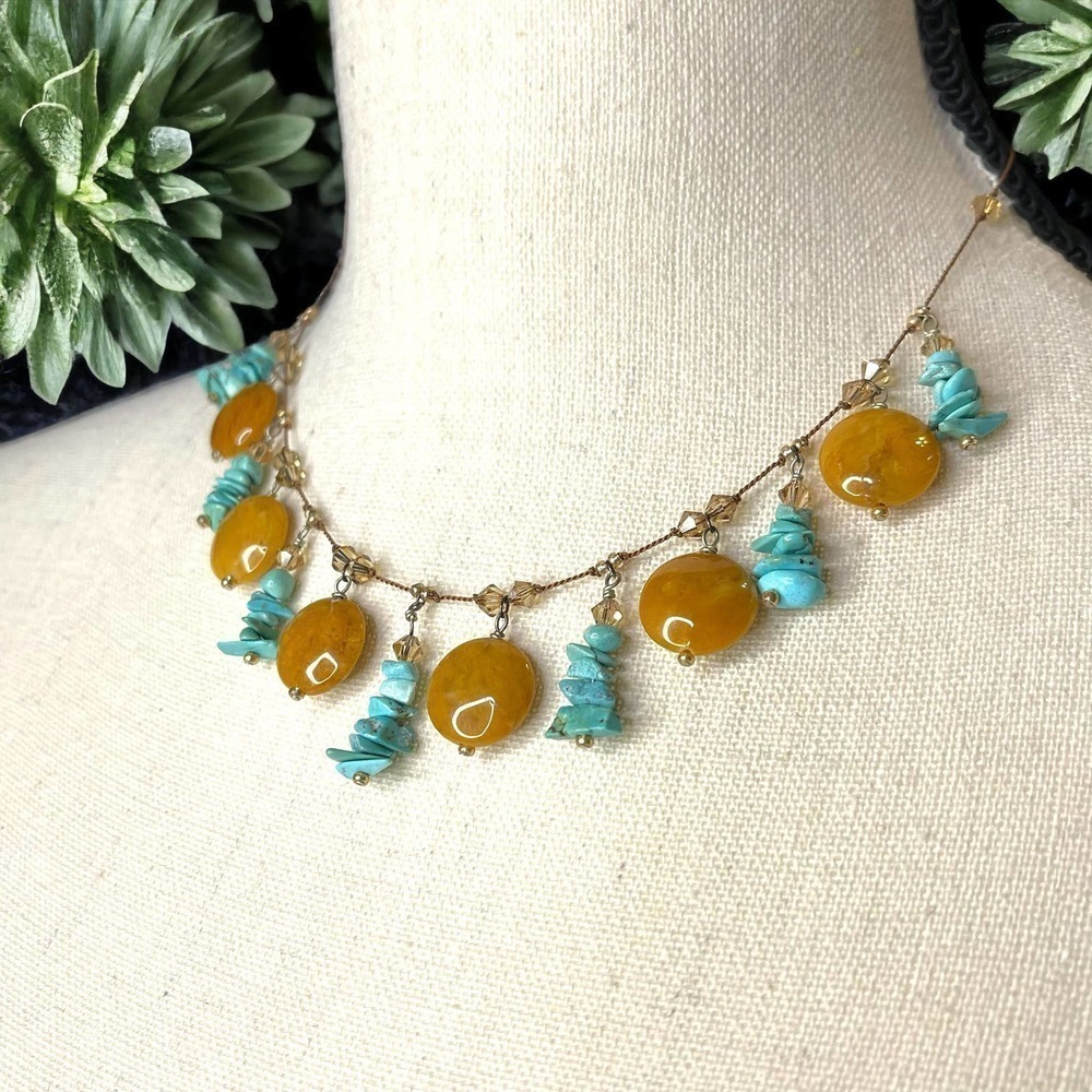 Brown Jade and Nephrite Necklace with Rhinestone Accents and 925 Silver Fittings